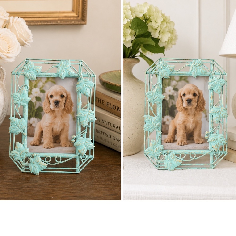 Ivy Leaf Photo Frame 5x7 Turquoise Color Distressed Metal cottage Core Whimsical